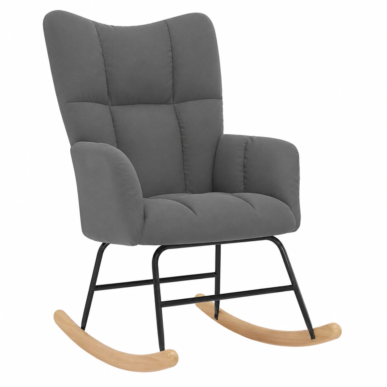 Moderner Schaukelstuhl Dunkelgrau, Relaxsessel mit Holz- und Metallakzenten für Wohnzimmer, Gepolstert und Belastbar bis 110 kg