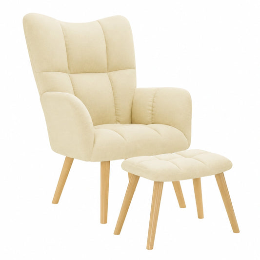 Bequemer Relaxsessel mit Hocker in Creme, dick gepolstert und atmungsaktiv aus Polyester