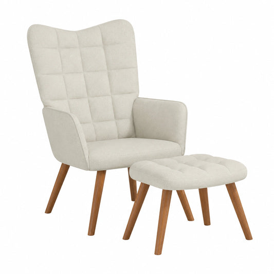 Eleganter Relaxsessel mit Hocker, Samtbezug in Creme, komfortabel gepolstert, stabiles Design mit Holzfüßen