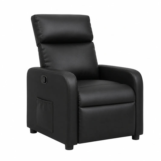 Ergonomischer Kunstleder-Entspannungssessel Schwarz mit Liegefunktion und Seitentasche