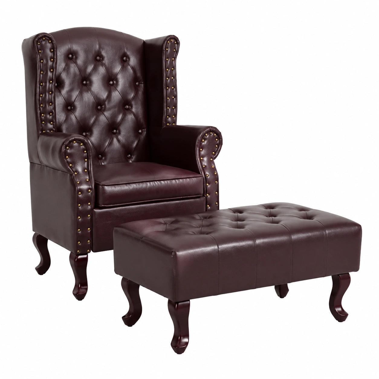Chesterfield Sessel-Set in Dunkelbraun, Kunstlederbezug inkl. Hocker - Eleganter Relaxsessel