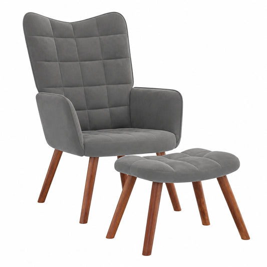 Samt Relaxsessel mit Hocker und Metallrahmen, Dunkelgrau