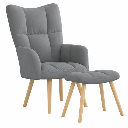 Bequemer Relaxsessel mit Hocker in Hellgrau, Gepolsterte Rückenlehne, Stabiler Holz-Metall-Rahmen