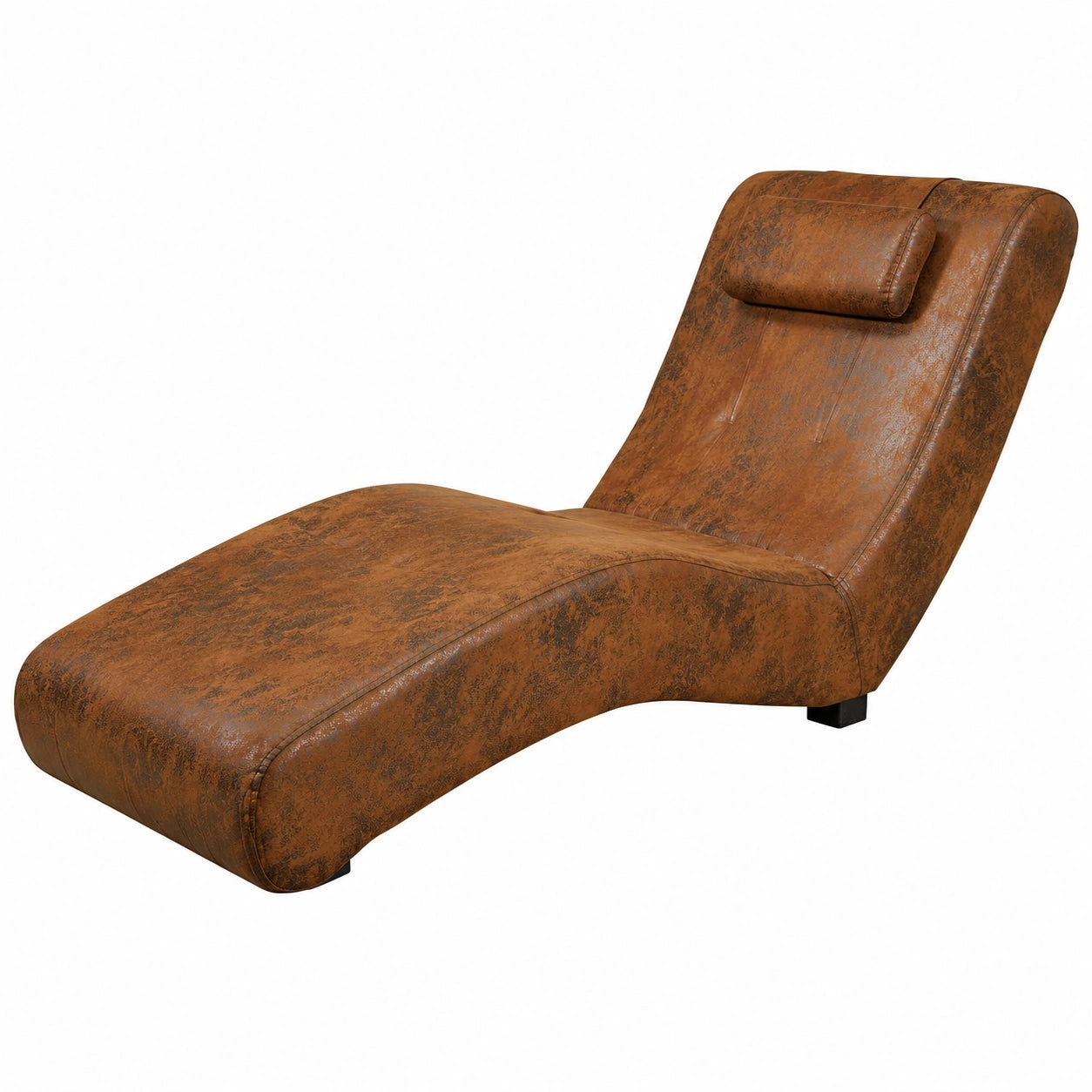 Entspannungs-Liege aus veganem Polyester-Lederlook, Braun mit Holzbeinen - Luxus Loungesessel
