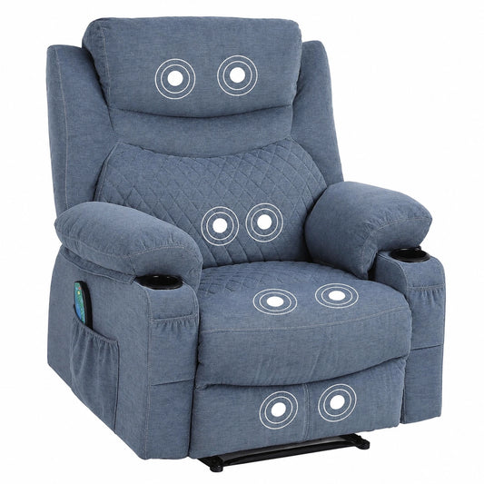 Komfortabler Massagesessel mit Heizfunktion, Verstellbar, Stoffeinzelsessel mit Getränkehalter für Wohnzimmer & Heimkino (Blau)